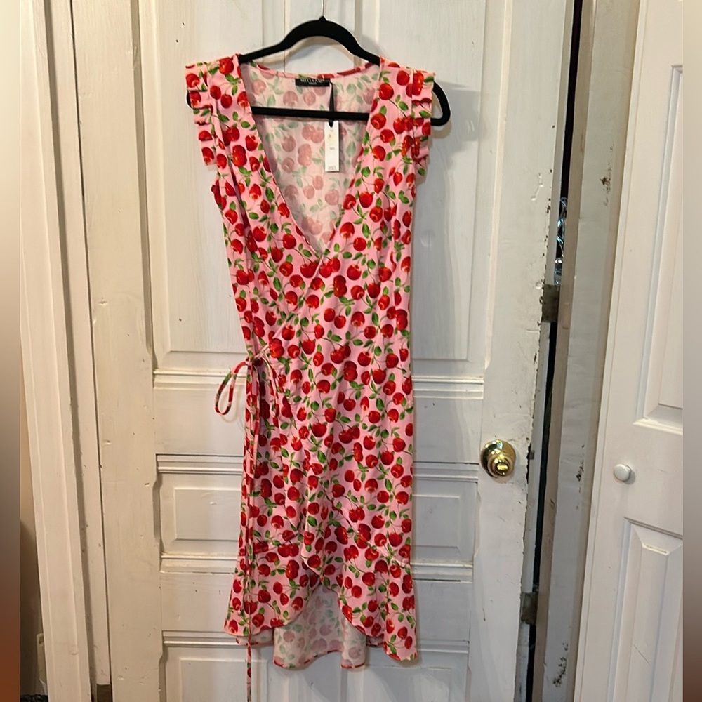 Cherry Patterned Pink Wrap Dress, NWT